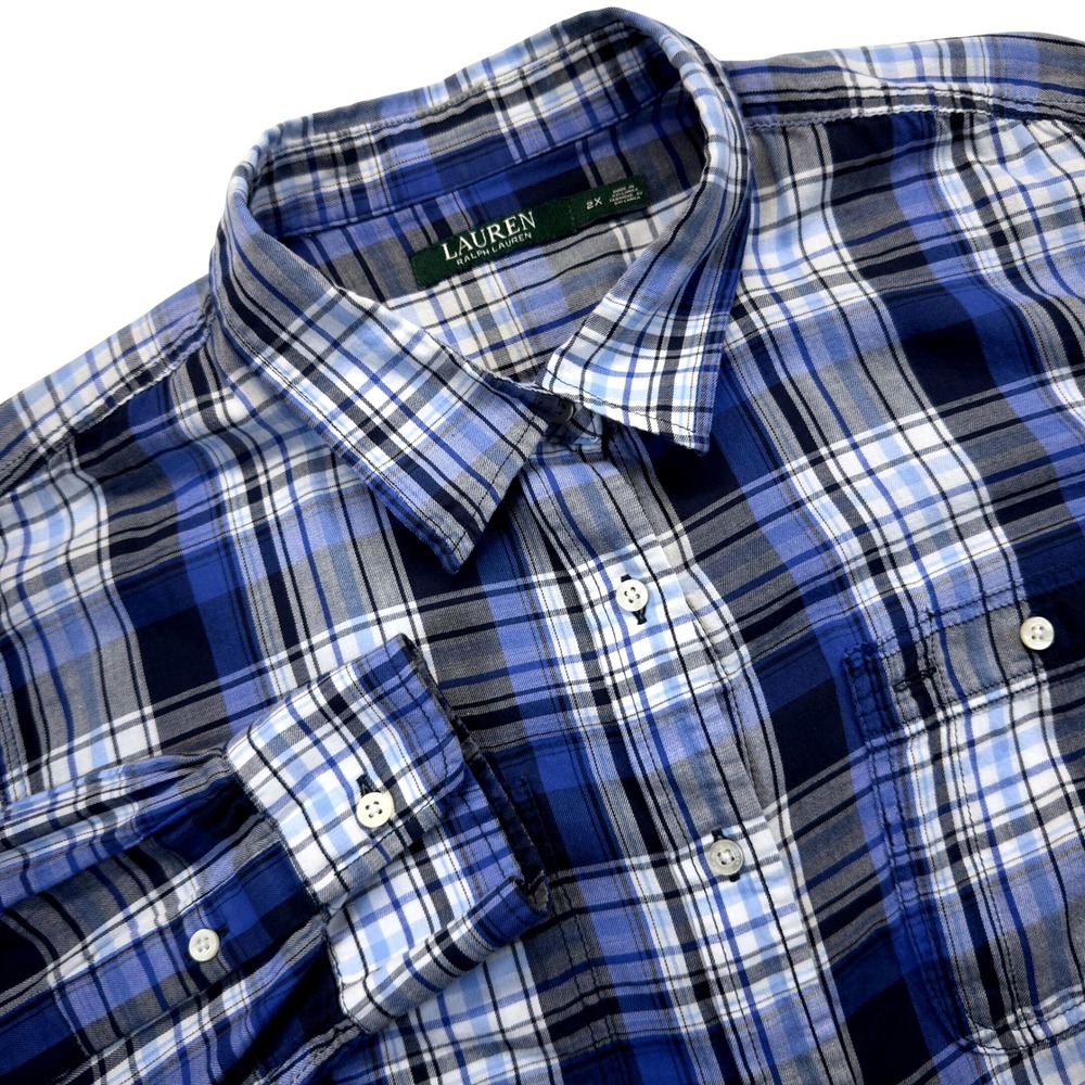Lauren Ralph‎ Lauren Plaid Button Down Womens 2X Plus Blue Cotton Relaxed Fit